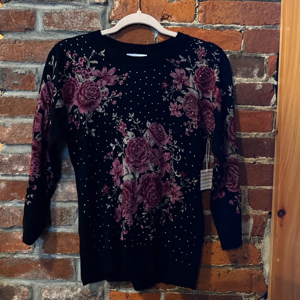 Whimsigoth Sweater with Subtle Embellishments, 3/4 sleeve Floral and rhinestone